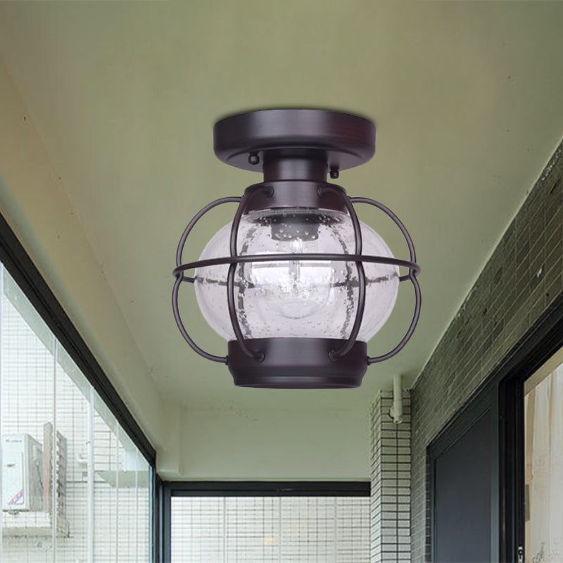Lantern Bubble Glass Semi Flush Rural 1 Head Outdoor Flush Mount in Coffee with Metal Cage