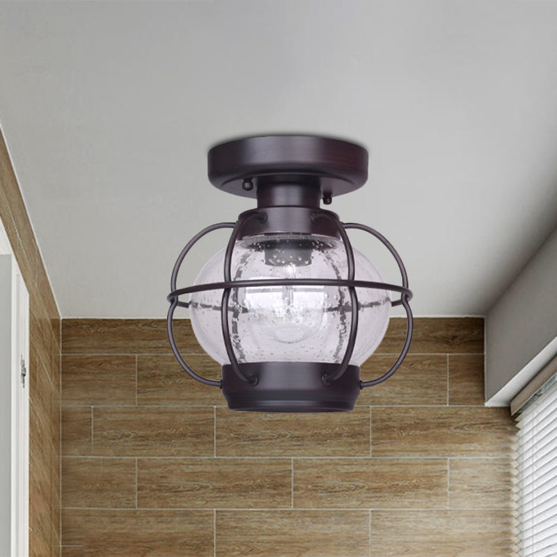 Lantern Bubble Glass Semi Flush Rural 1 Head Outdoor Flush Mount in Coffee with Metal Cage
