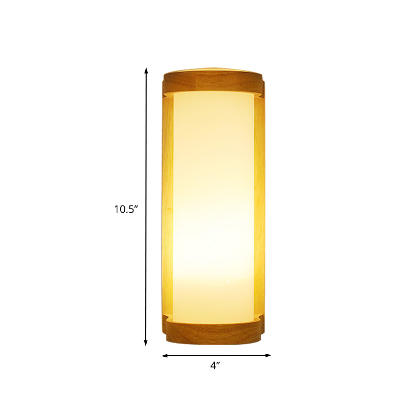 Cylinder Cream Glass Sconce Lighting Japanese Style 1 Light Wood Wall Lamp Fixture for Corner