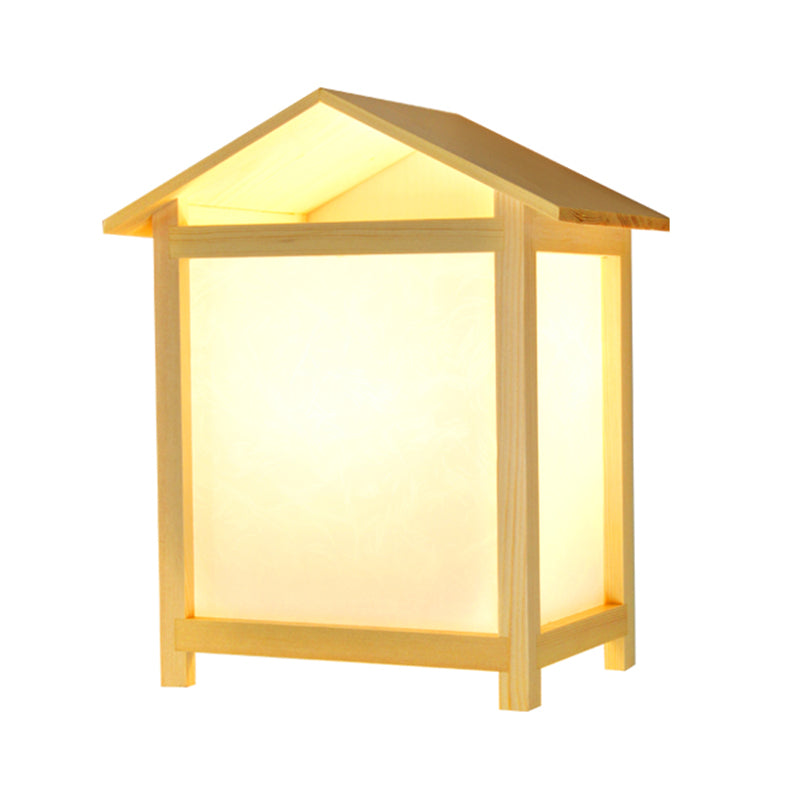 Japanese-Style 1 Light Sconce Lamp Fixture with Parchmyn Shade Wood House Shape Wall Light