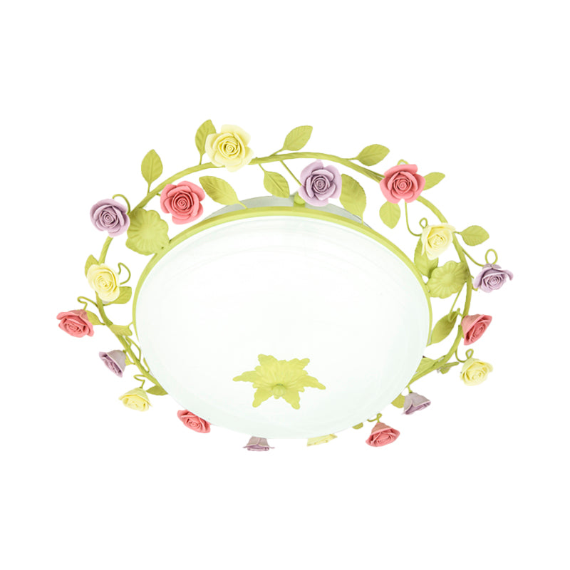 Green Rose Garland Flush Mount Pastoral Ceramic 3 Lights Bedroom Ceiling Lamp with Frosted Glass Shade, Small/Large Size