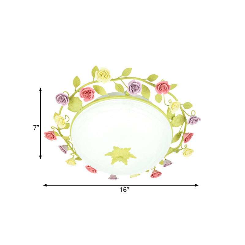 Lampada da soffitto per camera da letto pastorale a 3 luci in ceramica con ghirlanda di rose verdi e paralume in vetro smerigliato, dimensioni piccole/grandi