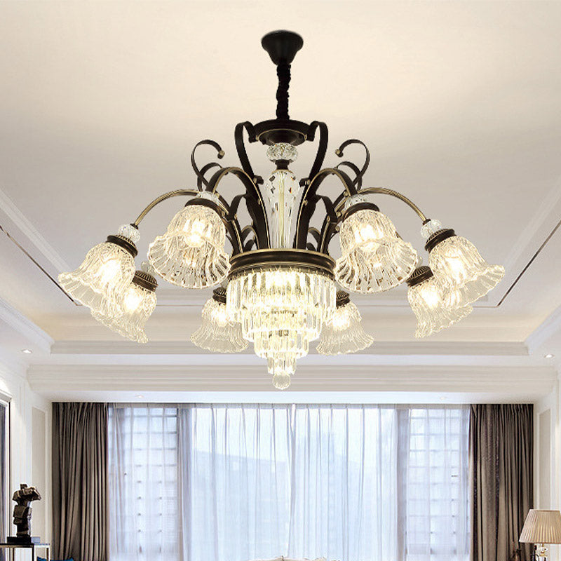 6/8 Heads Clear Glass Chandelier Countryside Black Bell Living Room Ceiling Suspension Lamp