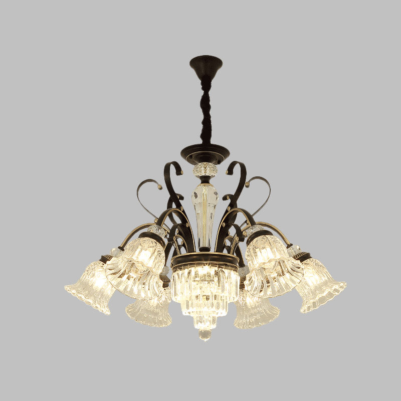 6/8 Heads Clear Glass Chandelier Countryside Black Bell Living Room Ceiling Suspension Lamp