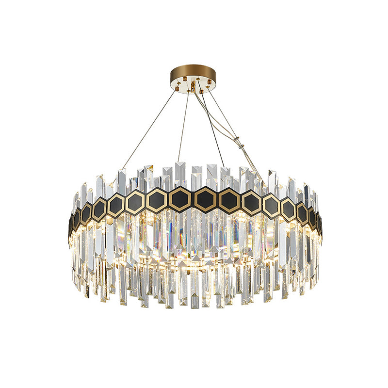 Mid Century Circle LED Chandelier Crystal Icicle Suspension Lighting with Honeycomb Belt Decor in Black-Gold