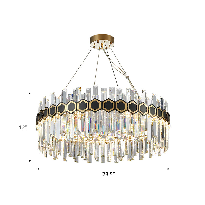 Mid Century Circle LED Chandelier Crystal Icicle Suspension Lighting with Honeycomb Belt Decor in Black-Gold
