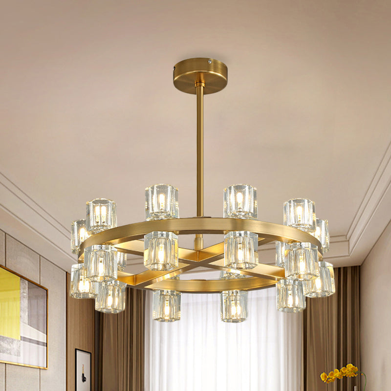Brass Crossed Circle Chandelier Postmodern Crystal Prism 20-Light Bedroom Suspension Light