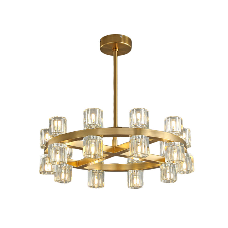 Brass Crossed Circle Chandelier Postmodern Crystal Prism 20-Light Bedroom Suspension Light