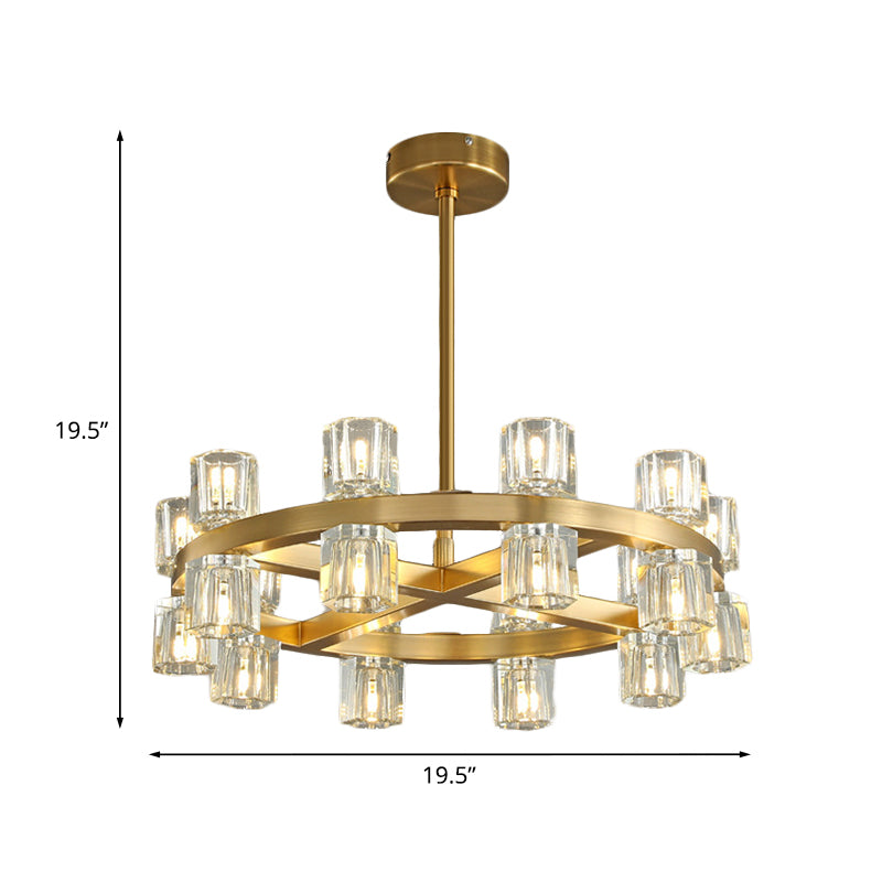 Brass Crossed Circle Chandelier Postmodern Crystal Prism 20-Light Bedroom Suspension Light