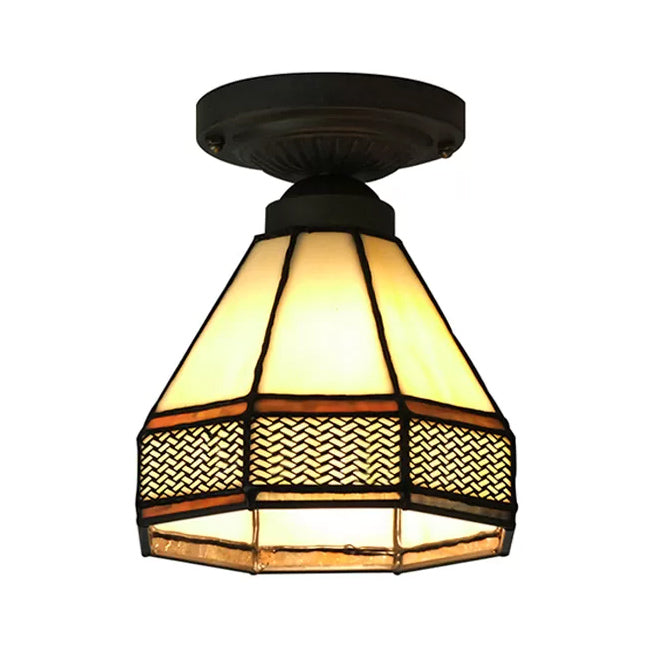 Stained Glass Ceiling Light Fixture, Mini Semi Flush Light in Antique Brass Mission Style, 7" High x 6.5" in Diameter