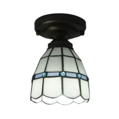 Plafonnier en vitrail, luminaire semi-encastré floral blanc avec bijou pour chambre à coucher de style Tiffany