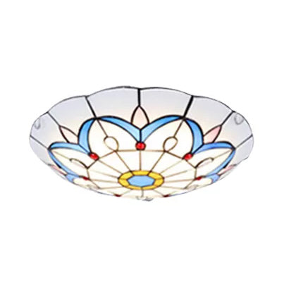 White Tiffany Ceiling Lights, 2-Lights Flush Mount Light with Art Glass Floral Shade and Jewel for Bedroom