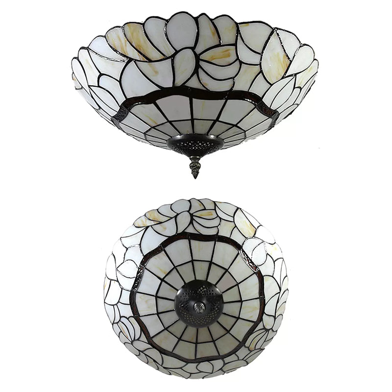 Plafonniers Tiffany pour chambre à coucher, luminaire encastré à 2 lumières en blanc avec abat-jour en forme de dôme en verre artistique, 8 po de haut x 16 po de diamètre