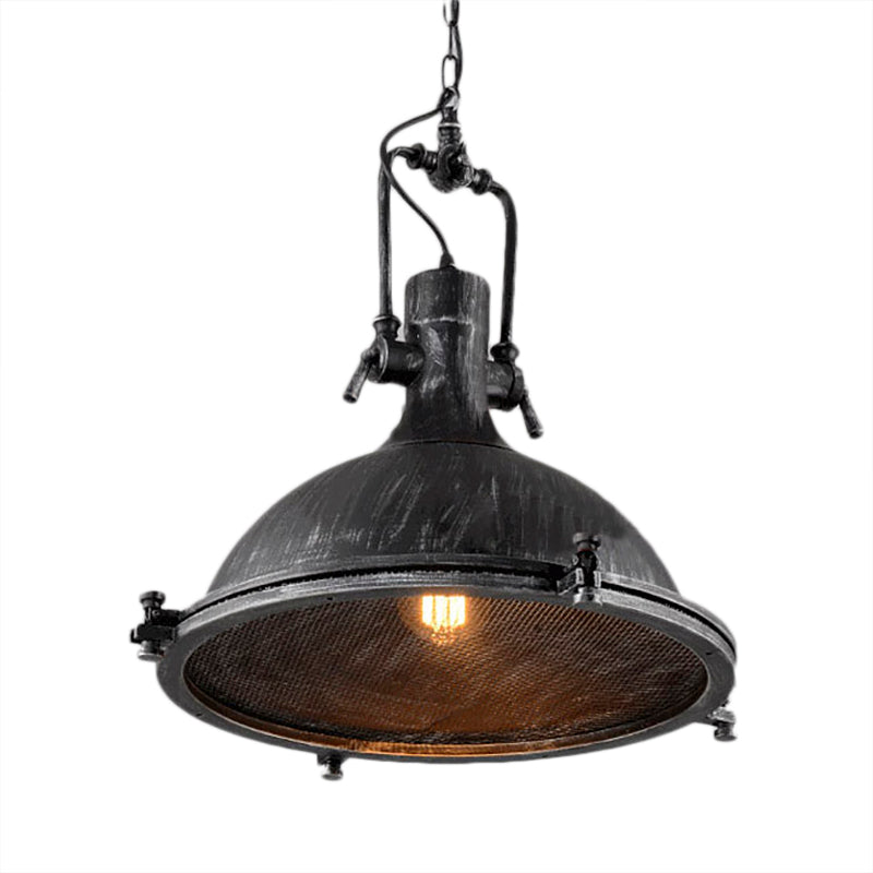 1 Light Dome Hanging Light Vintage Style Antique Black Metal Pendant Lighting Fixture with Wire Mesh
