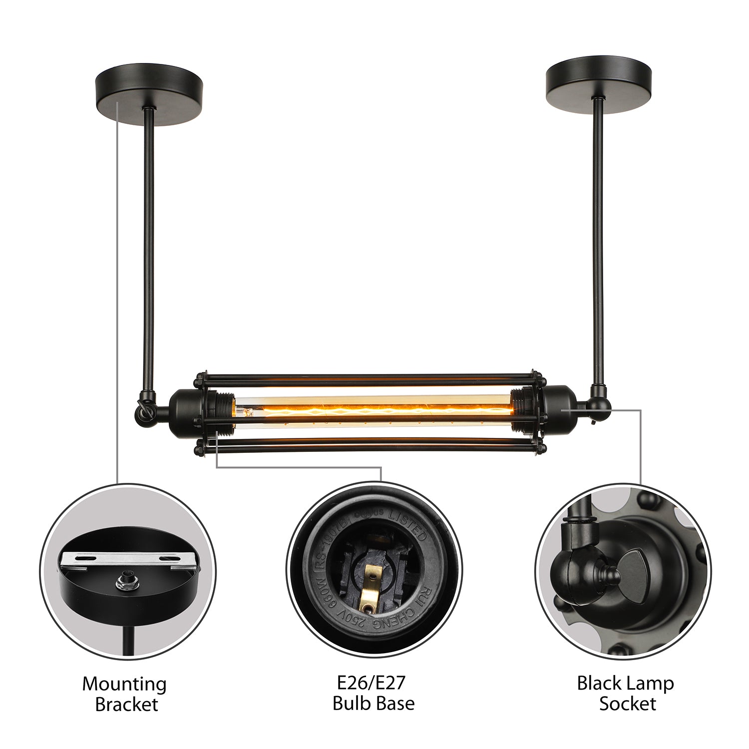 1 Light Iron Hanging Light Fixture Retro Industrial Black Tube Cage Shade Dining Room Pendant Light