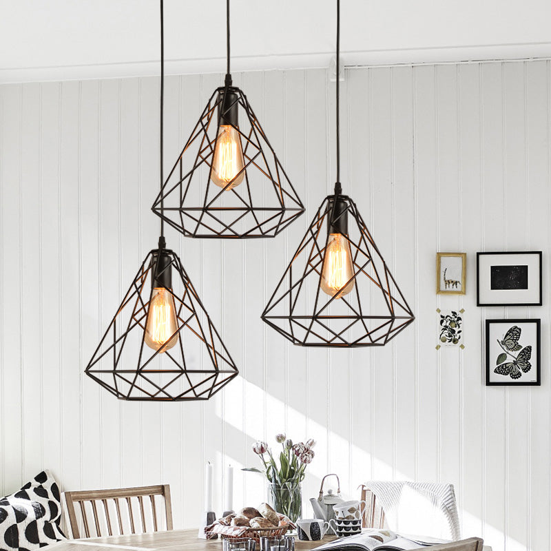 Open Cage Metallic Hanging Ceiling Light Retro Loft 1 Head Dining Room Ceiling Pendant Light in Black
