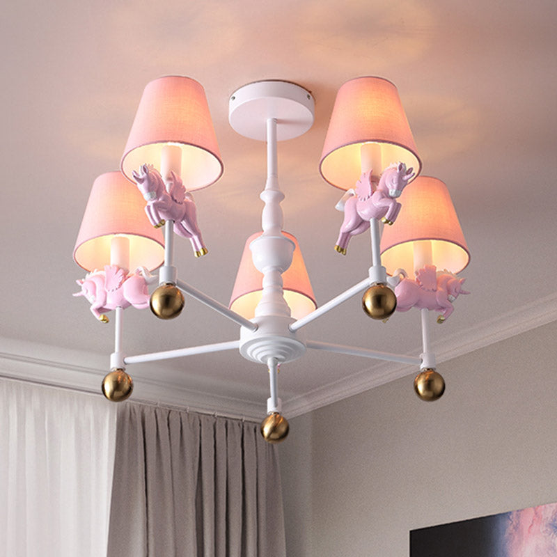 Unicorn Girl's Room Chandelier Resin 3/5-Head Kids Hanging Light in White with Pink Cone Shade