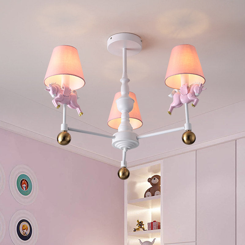 Unicorn Girl's Room Chandelier Resin 3/5-Head Kids Hanging Light in White with Pink Cone Shade