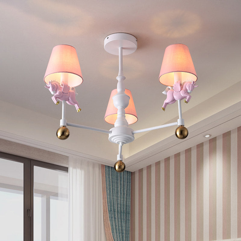 Unicorn Girl's Room Chandelier Resin 3/5-Head Kids Hanging Light in White with Pink Cone Shade