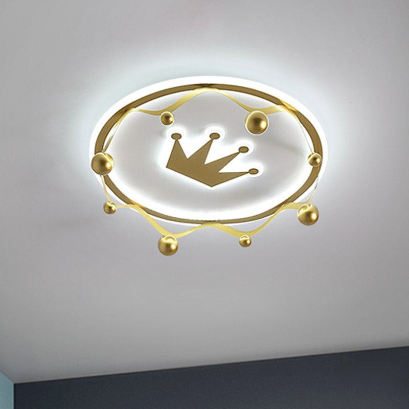 Gold Crown Flush-Mount Light Fixture Cartoon Acrylic LED Ceiling Lighting with Ball Finial, Warm/White Light