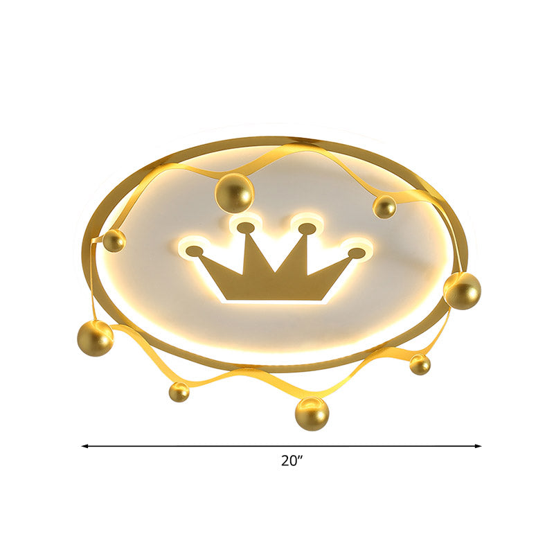 Gold Crown Flush-Mount Light Fixture Cartoon Acrylic LED Ceiling Lighting with Ball Finial, Warm/White Light