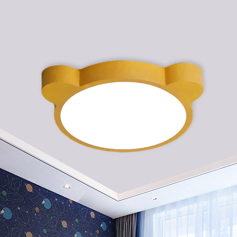 Cartoon Bear Head Iron Flushmount LED Close to Ceiling Lighting in Black/White/Pink for Kids Bedroom