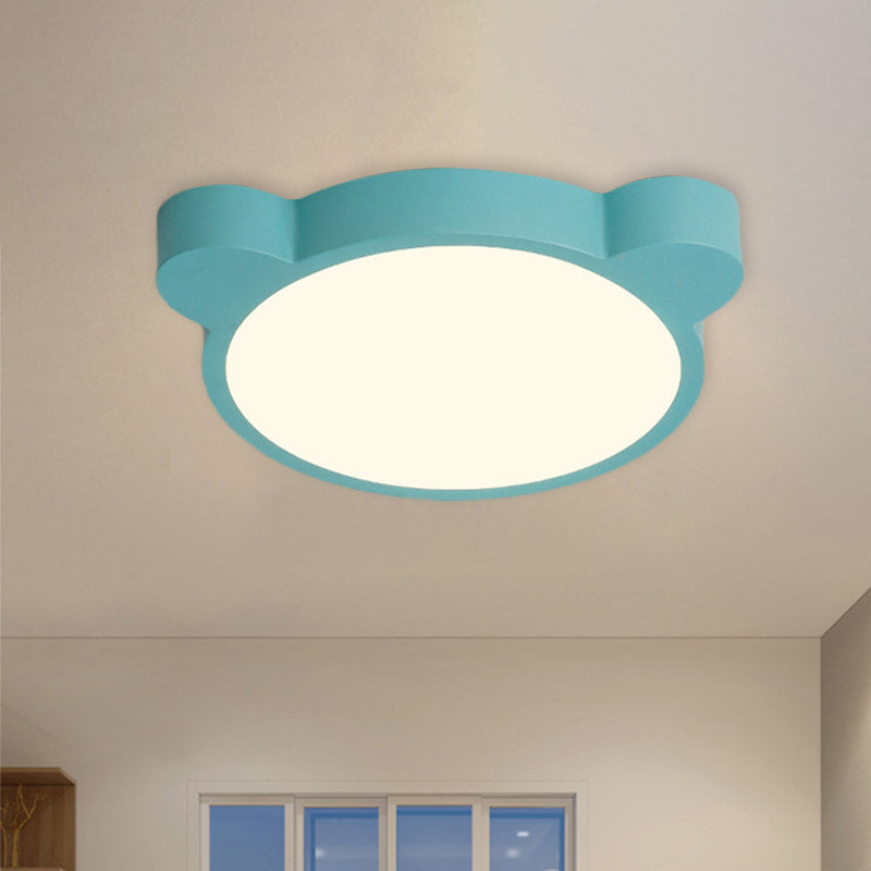Cartoon Bear Head Iron Flushmount LED Close to Ceiling Lighting in Black/White/Pink for Kids Bedroom