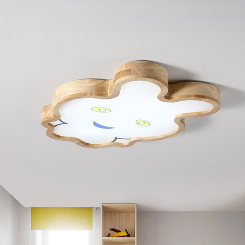 Wood Rabbit Ultrathin Ceiling Lamp Cartoon Brown LED Flush Mount Fixture in Warm/White Light