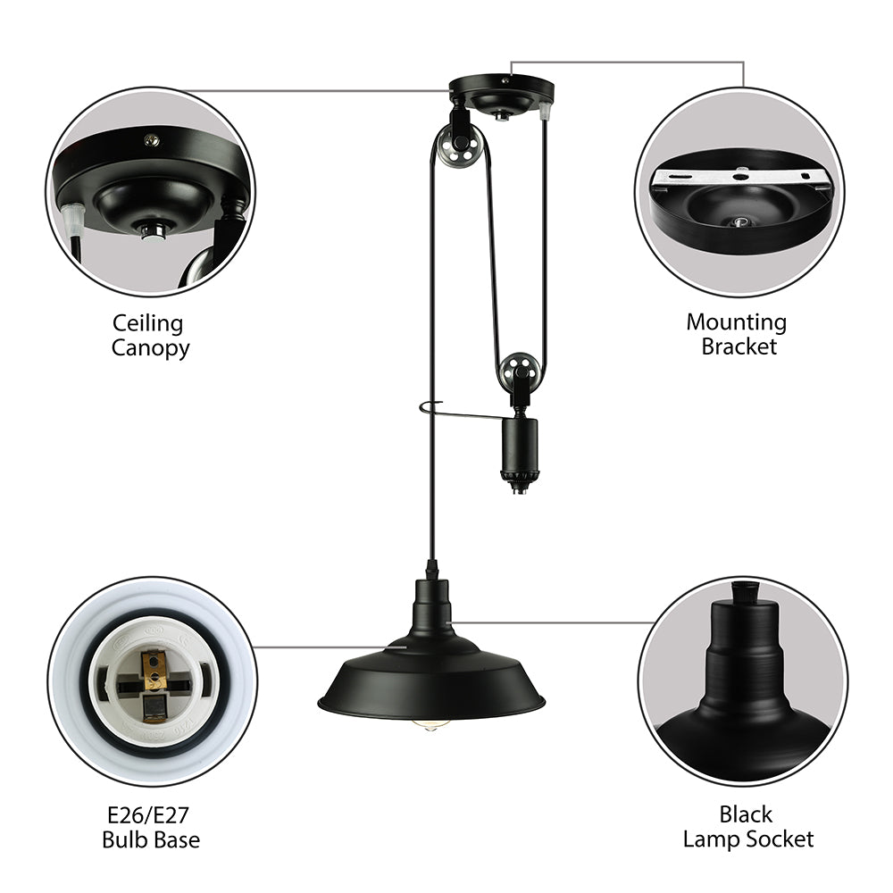 Farmhouse Pulley Pendelleuchte mit Scheunenschatten 1 Glühbirnenmetallische Hanglampe in Schwarz für die Küche