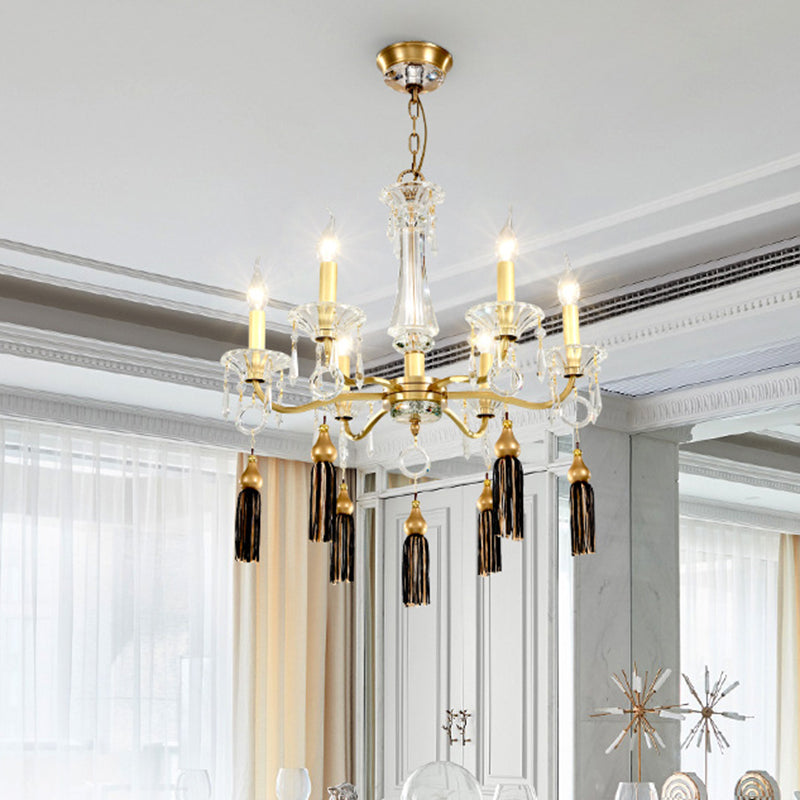 Koperen kandelaar kroonluchter lamp traditionele kristal 6-licht eettafel hanger licht met kwastje