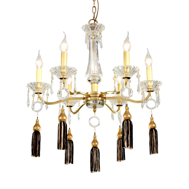 Brass Candlestick Chandelier Lamp Traditional Crystal 6-Light Dining Table Pendant Light with Tassel