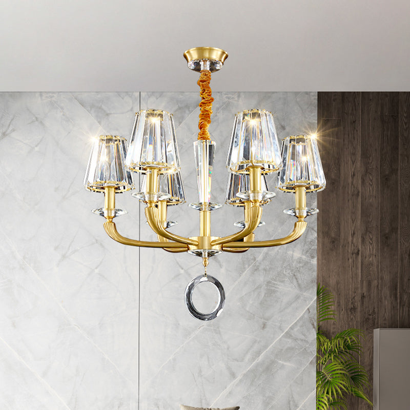 Prismatisch kristal kegel schaduw kroonluchter midden-eeuwse 6 bollen salon plafond hanger licht met ringdruppel in goud