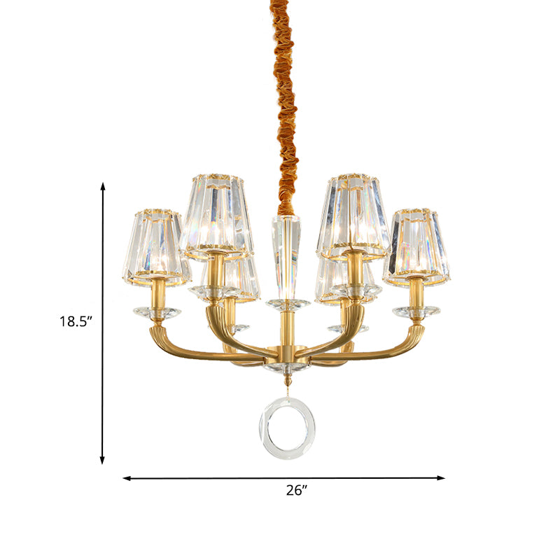Prismatic Crystal Cone Shade Chandelier Mid-Century 6 Bulbs Parlor Ceiling Pendant Light with Ring Drop in Gold