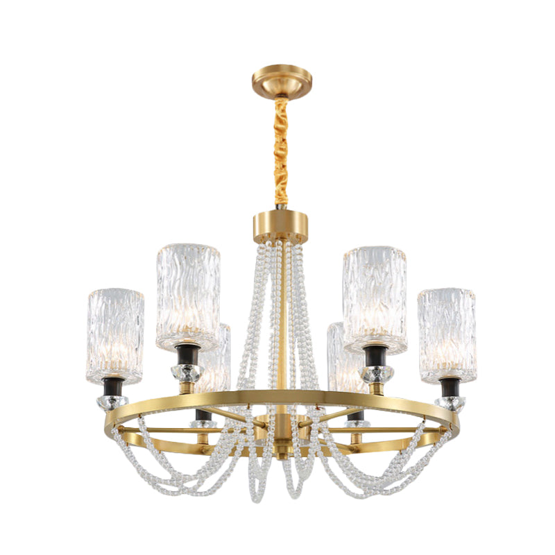 6-Head Cylinder Chandelier Lamp Postmodern Gold Wavy Crystal Hanging Ceiling Light