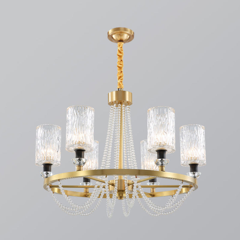 6-Head Cylinder Chandelier Lamp Postmodern Gold Wavy Crystal Hanging Ceiling Light
