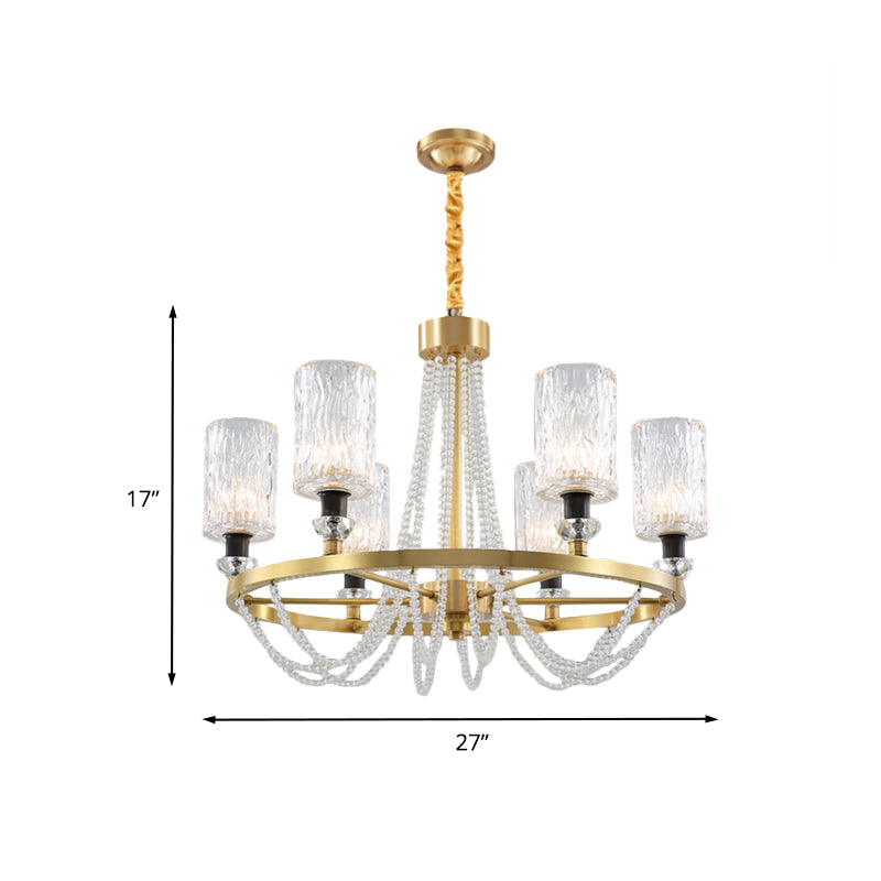 6-Head Cylinder Chandelier Lamp Postmodern Gold Wavy Crystal Hanging Ceiling Light
