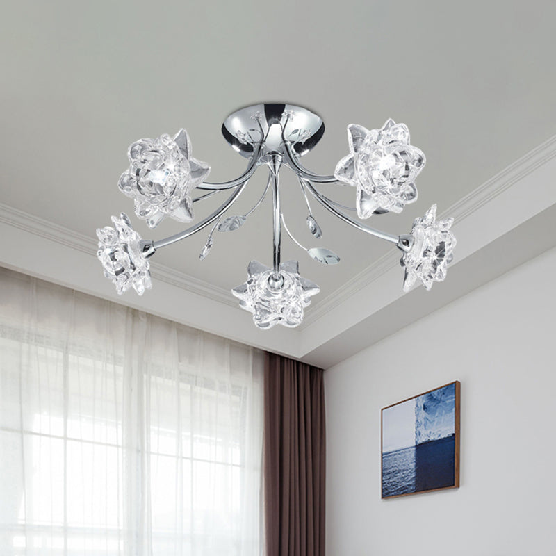 Polished Chrome 5-Head Semi Flush Modern Stylish Crystal Flower Blossom Ceiling Mount Chandelier