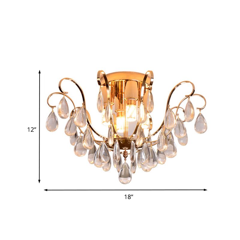 Gold Scroll Flush Mount Chandelier Vintage Crystal Droplet 4-Bulb Hotel Ceiling Light Fixture