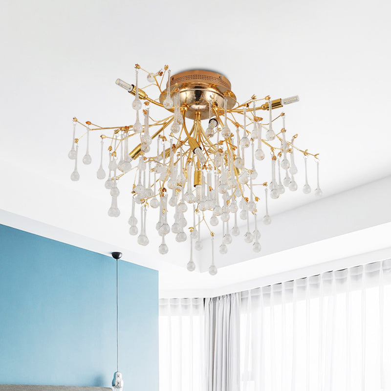 Cascade Bedroom Semi Flush Light Traditional Crystal Drip 10-Head Gold Ceiling Mount Lamp