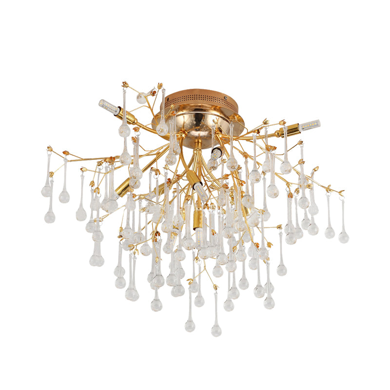 Cascade Bedroom Semi Flush Light Traditional Crystal Drip 10-Head Gold Ceiling Mount Lamp