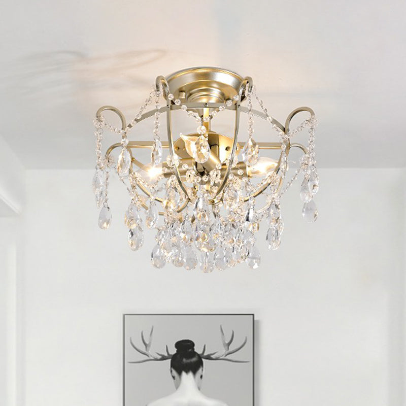 Goldene Schüssel Käfig Deckenleuchte Vintage Kristallstrang 4 Lichter Lounge Semi Flush Mount Light