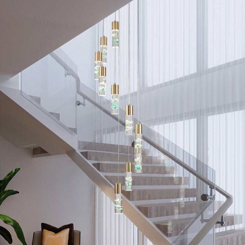 10-Light Spiral Cluster Tube Pendant Modern Novelty Gold Acrylic Hanging Light Fixture