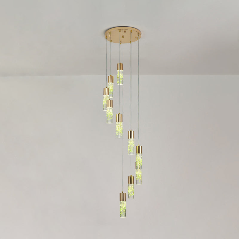 10-Light Spiral Cluster Tube Pendant Modern Novelty Gold Acrylic Hanging Light Fixture
