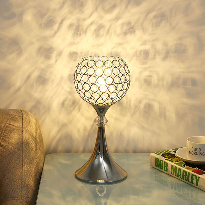 Lampada da tavolo in argento con cristallo inserito, forma curva, lampada da notte lounge a 1 testa con paralume a mezzo globo