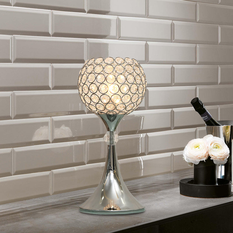 Lampada da tavolo in argento con cristallo inserito, forma curva, lampada da notte lounge a 1 testa con paralume a mezzo globo