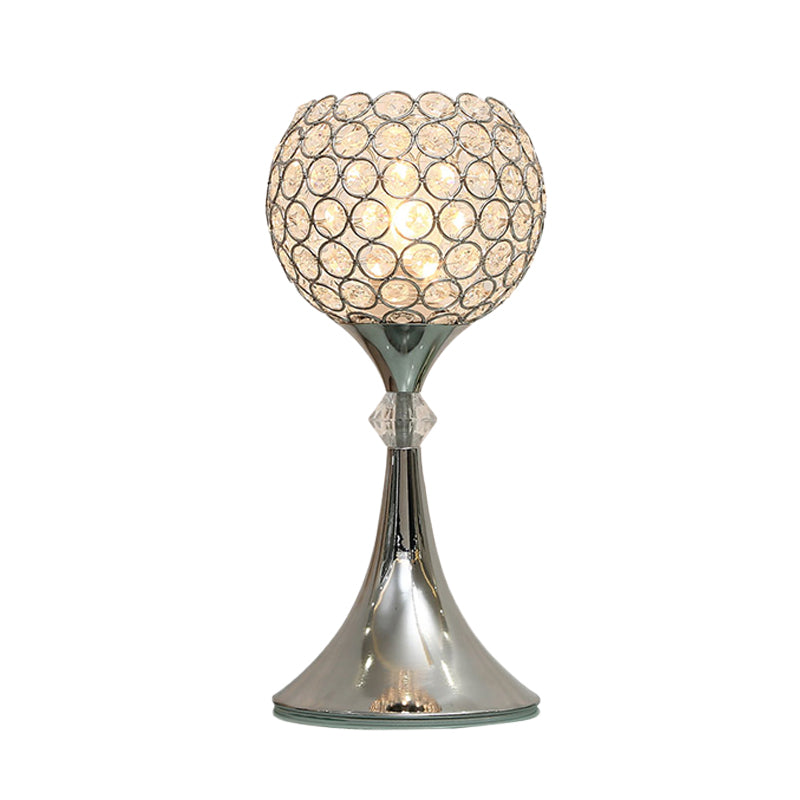 Lampada da tavolo in argento con cristallo inserito, forma curva, lampada da notte lounge a 1 testa con paralume a mezzo globo