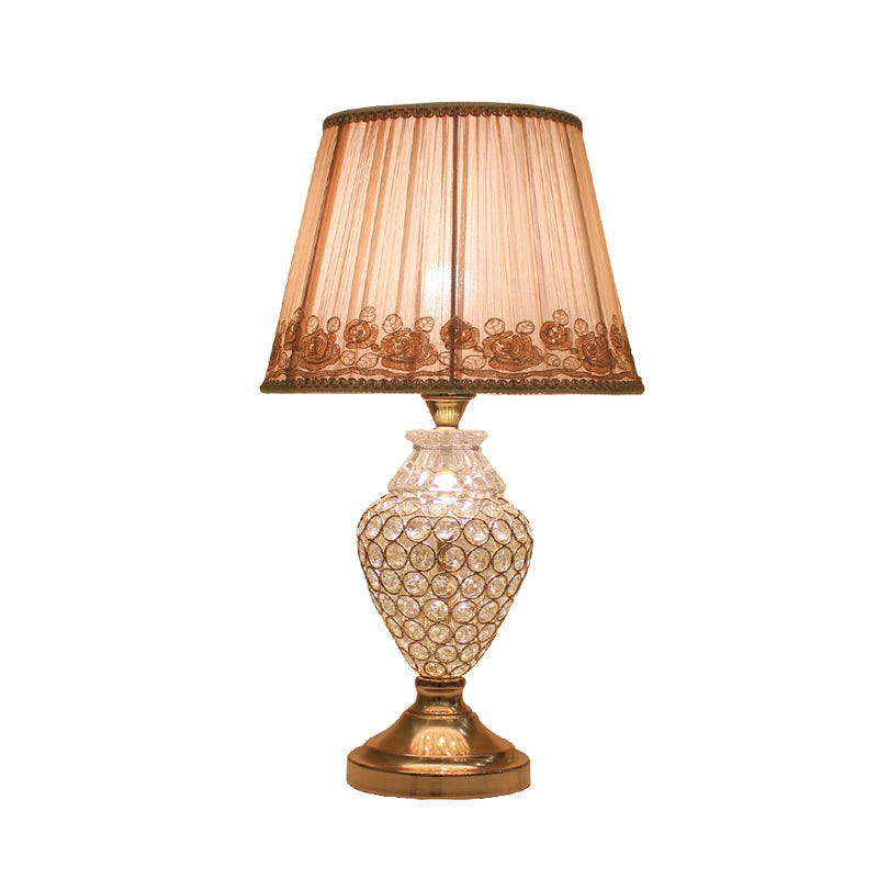 1 Kopf Rose-Trim konisch leichter ländlicher Goldfalten-Stoffnachtlampe mit Topfkristallbasis