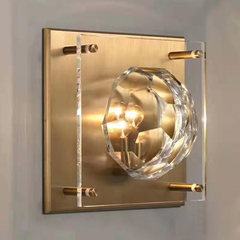 Bol en cristal en facette lampe murale du milieu du milieu du siècle 1 application de salon légère avec plaque arrière carrée en bronze