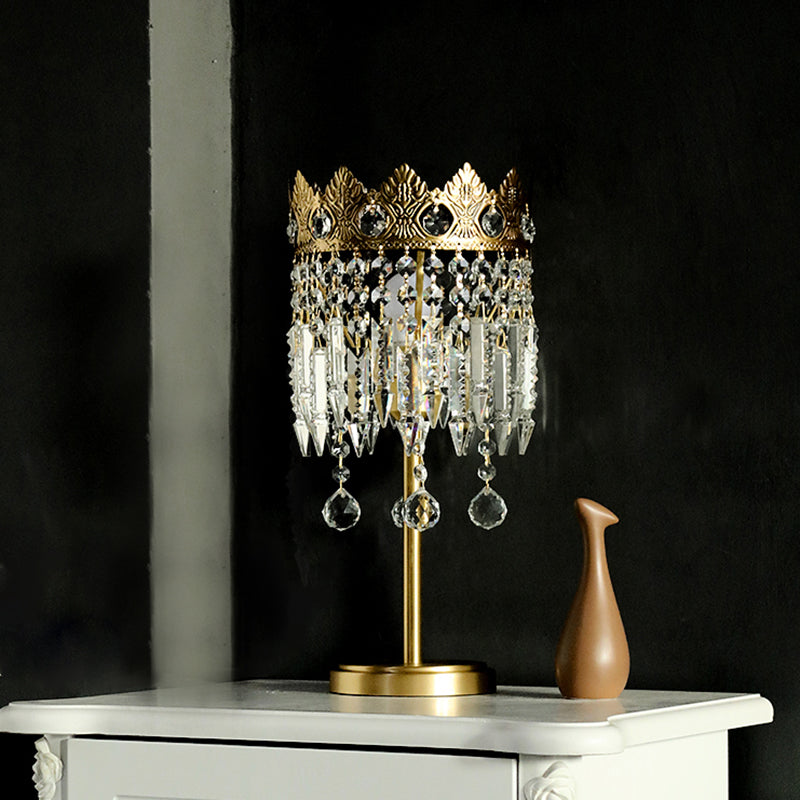 Brass 1 Bulb Nightstand Light Antique Crystal Fringe Table Lighting with Carved Crown Top