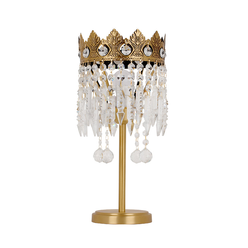 Brass 1 Bulb Nightstand Light Antique Crystal Fringe Table Lighting with Carved Crown Top
